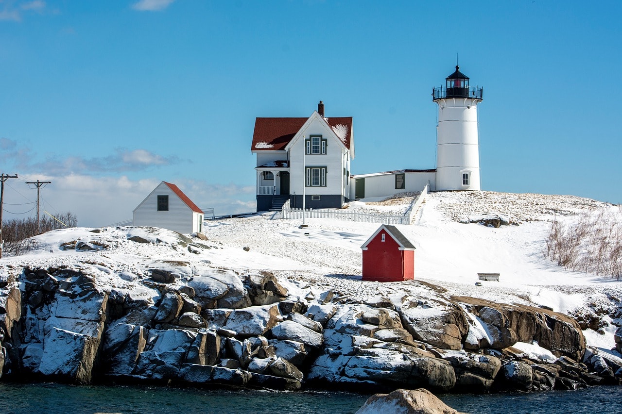 Lighthouse in the snow in Maine