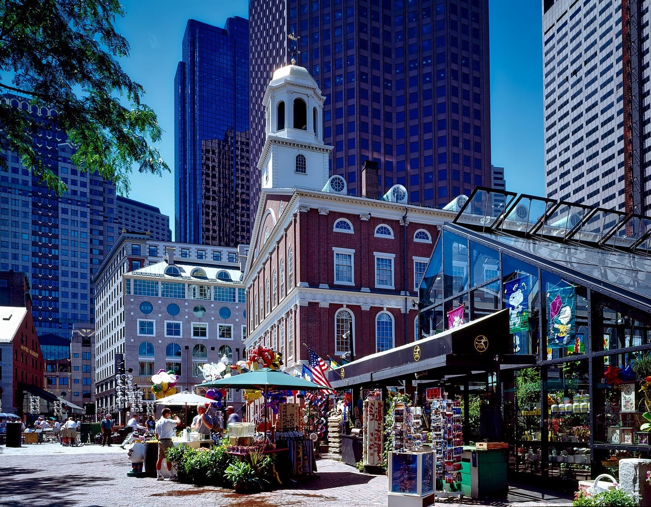The historic Faneuil Hall at the entrance to Quincy Market in Downtown Boston