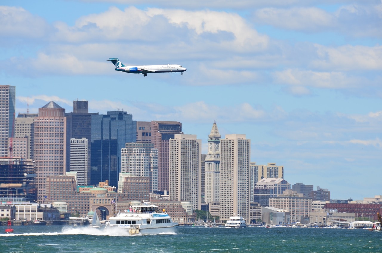 Plane Landing at Logan Over Downtown Boston