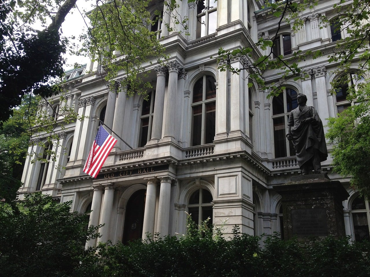 Quincy Statue at the entrance to the Old City Hall in Boston