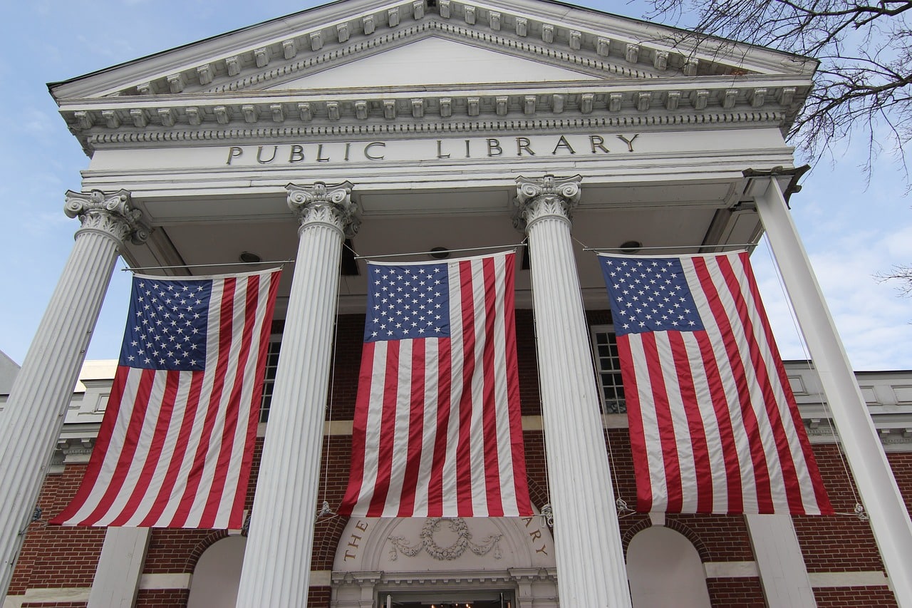 The neo-classical structure of the Ferguson Library in downtown Stamford, Connecticut