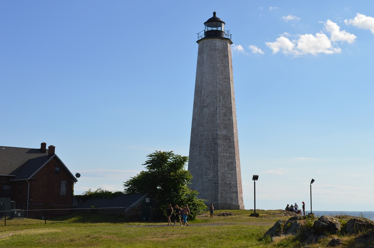 The lighthouse at Lighthouse Point Park east of New Haven