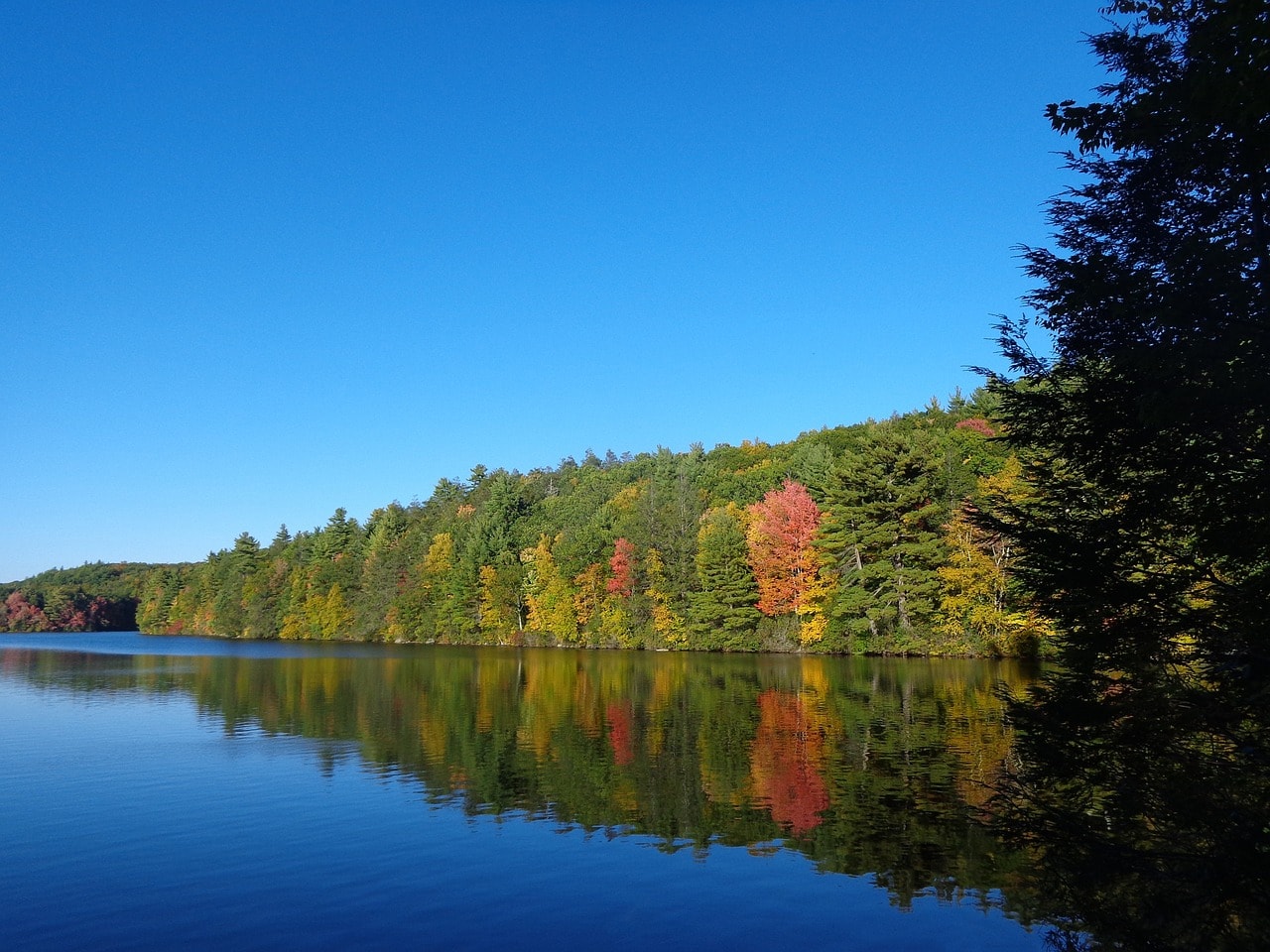 Fall foliage view over a river in Connecticut
