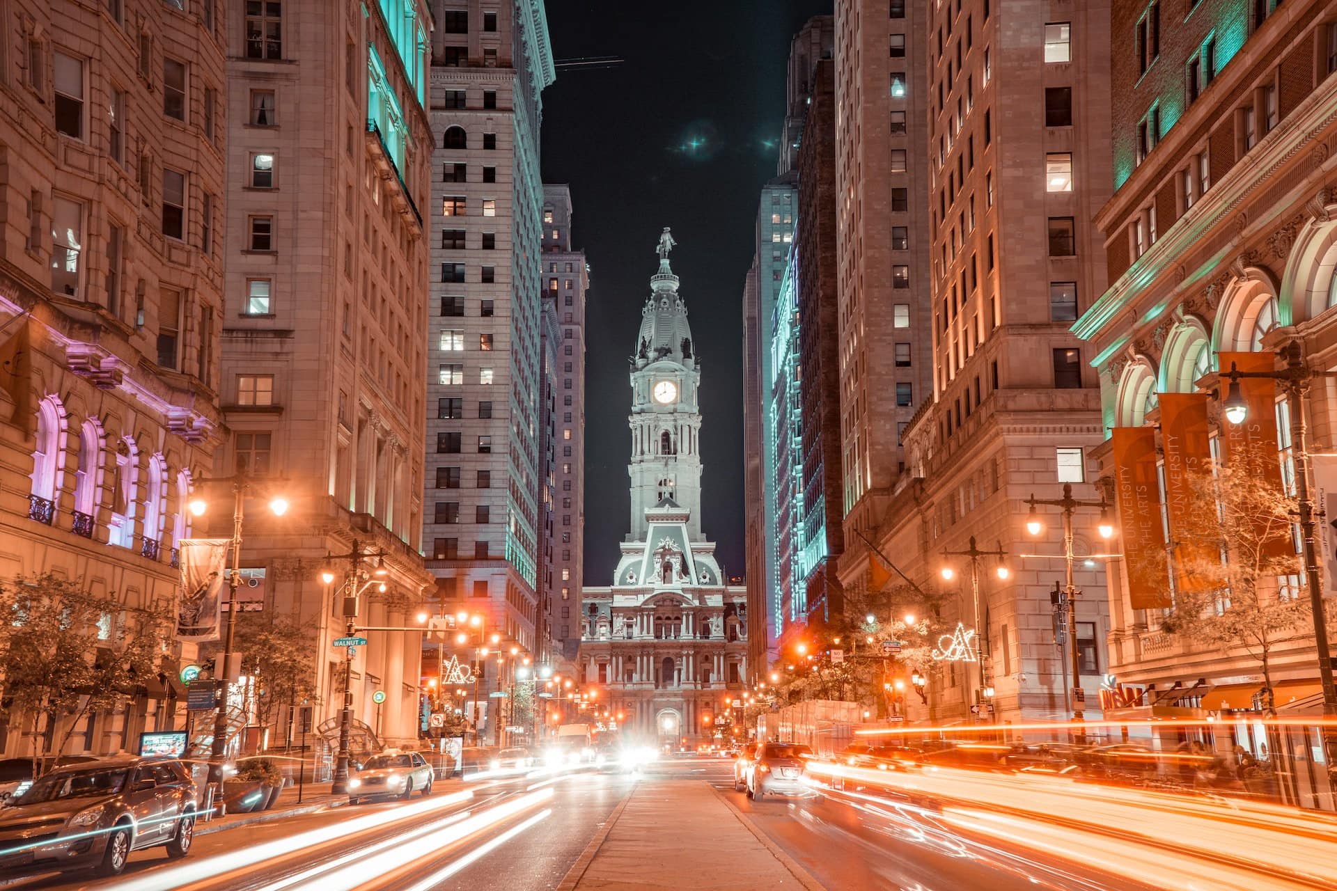 Market Street and Philadelphia City Hall in the evening