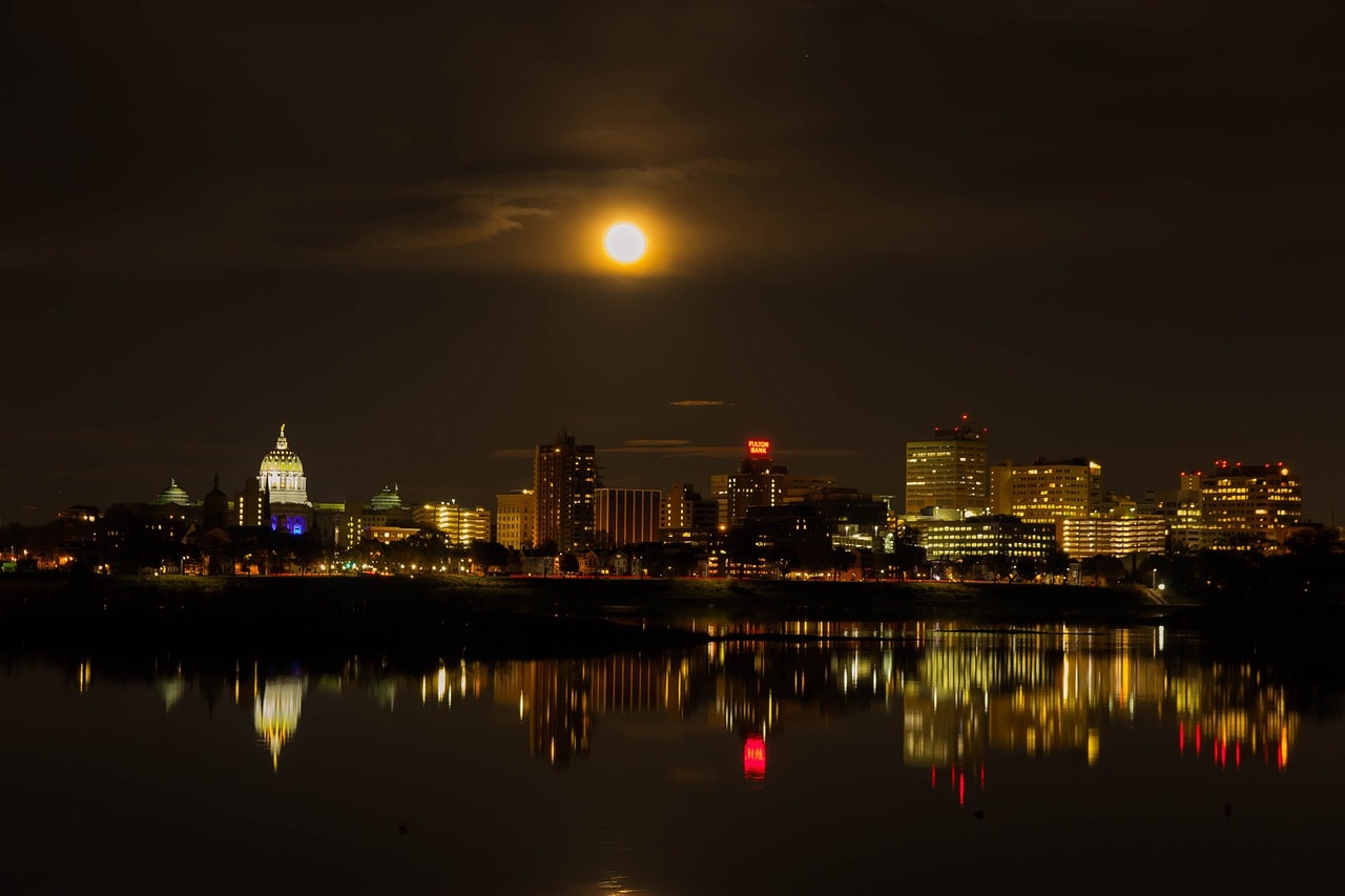 Moon above the skyline of Harrisburg