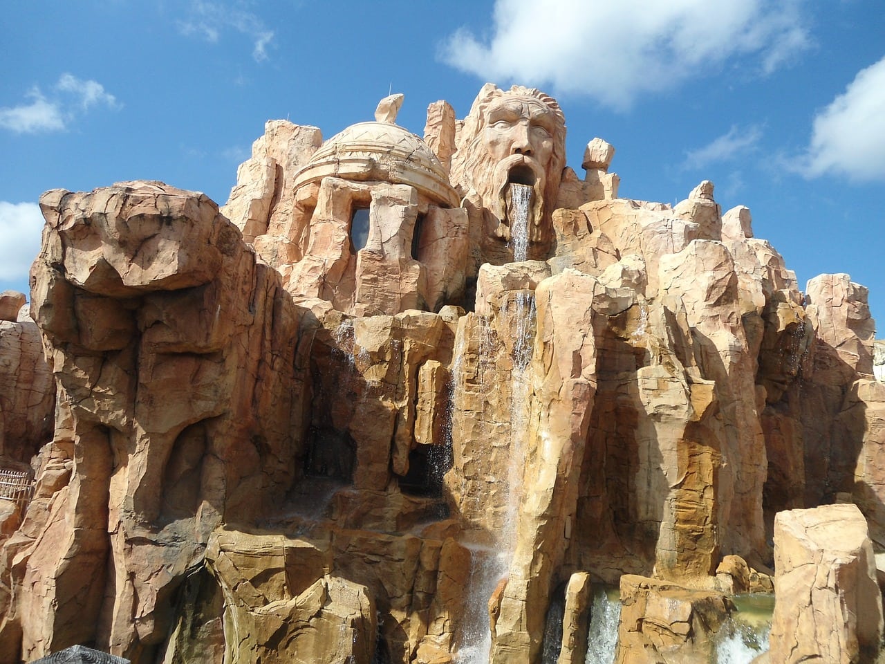 The fountains and decor above Mythos Restaurant at Universal's Islands of Adventure, Orlando