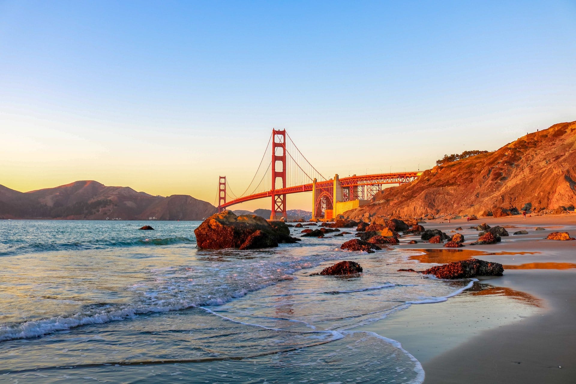 Golden Gate Bridge view from Marshall's Beach below the western batteries of the Presidio