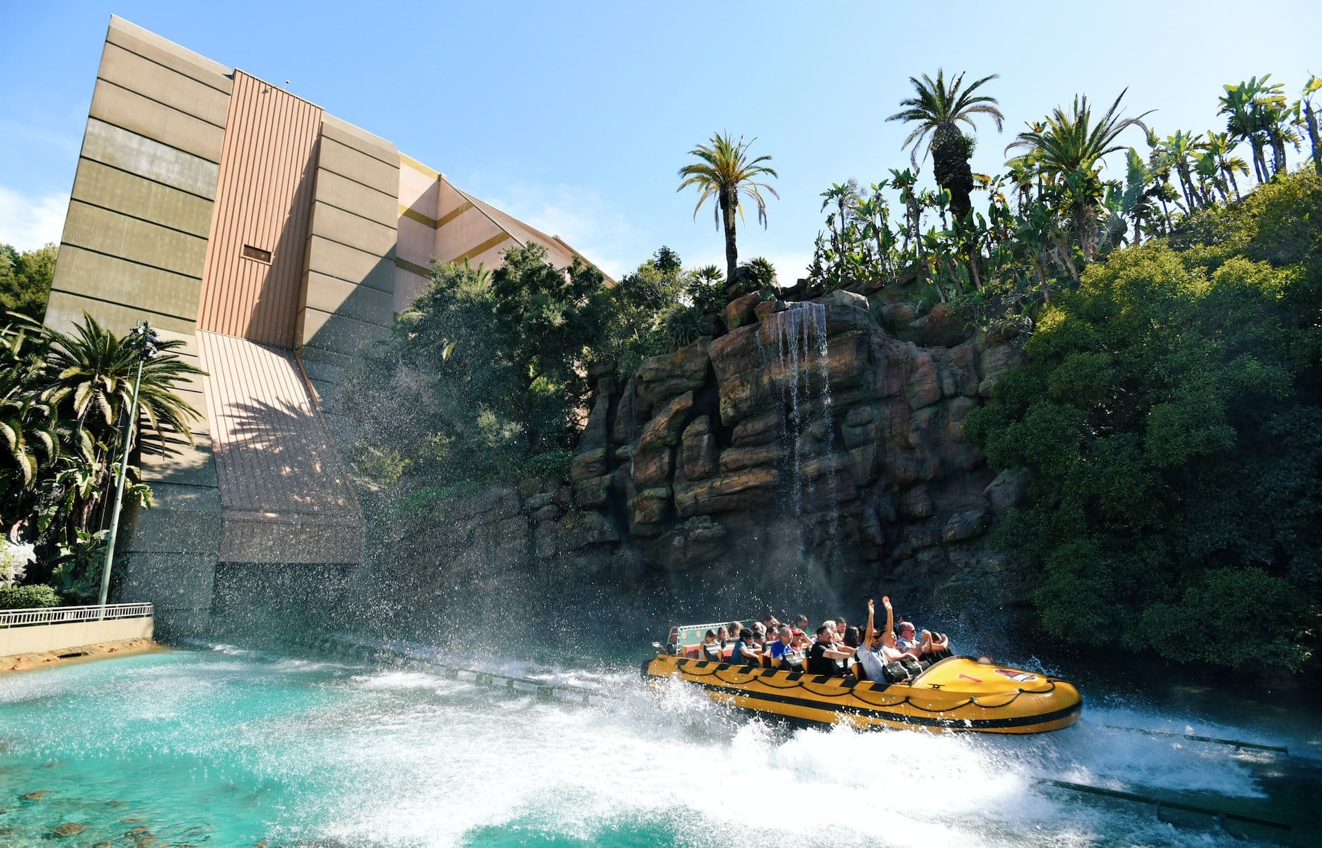 Splashes on the Jurassic Park roller coaster at Universal Studios Hollywood