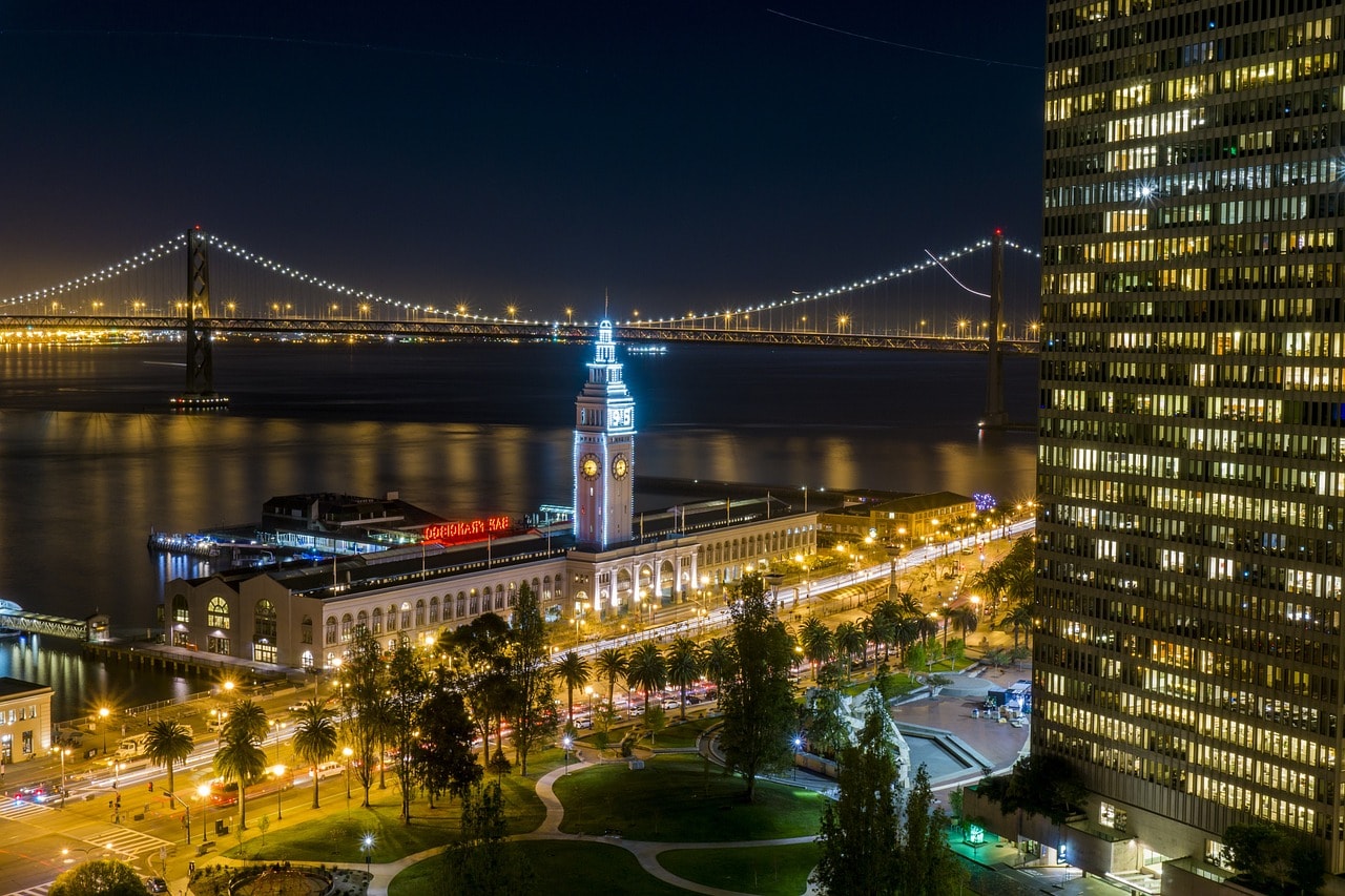 The Ferry Building at the Embarcadero in San Francisco at sunset