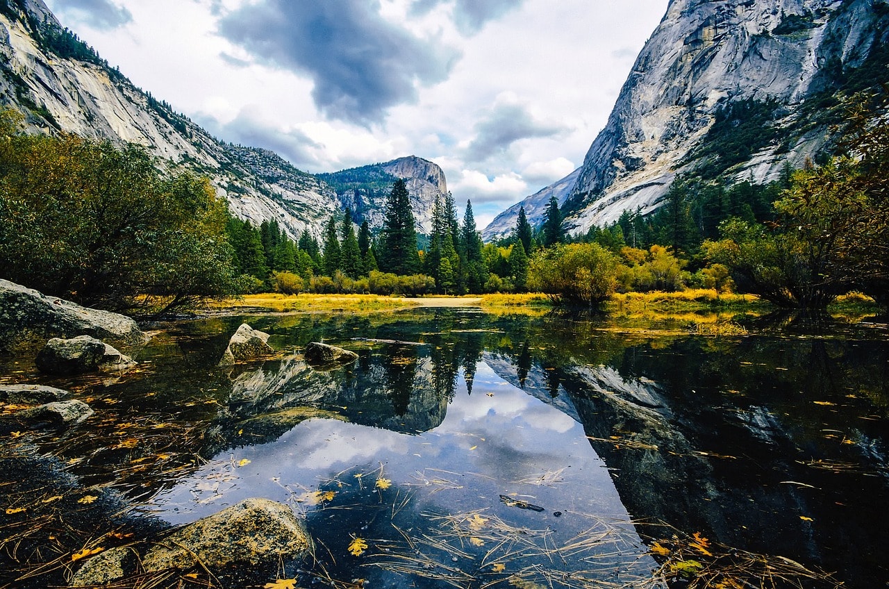 Half Dome in the background over Mirror Lake in Yosemite Park, California