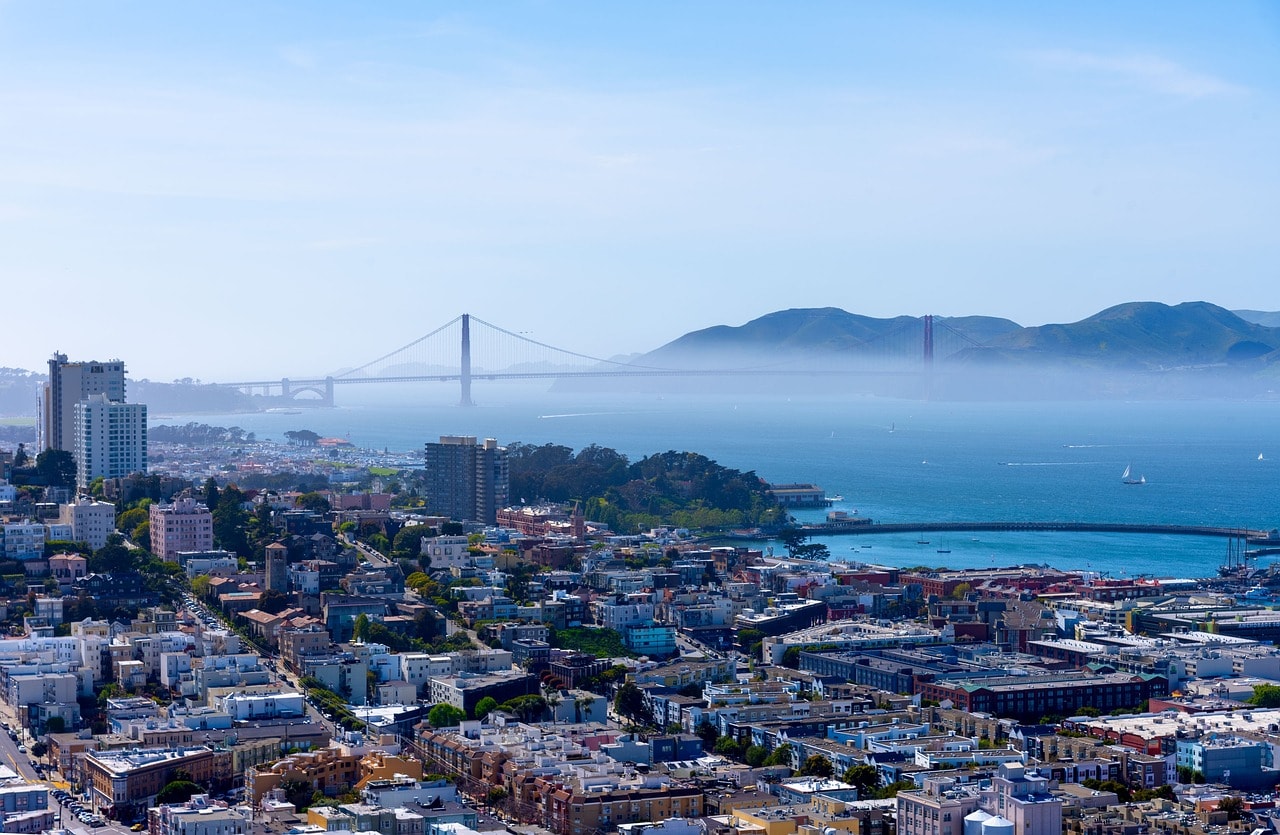 The Aquatic Cove with the Golden Gate in the background in San Francisco.