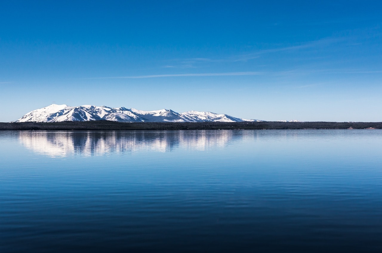 The Grand Teton Range viewed from the shore of Yellowstone Lake