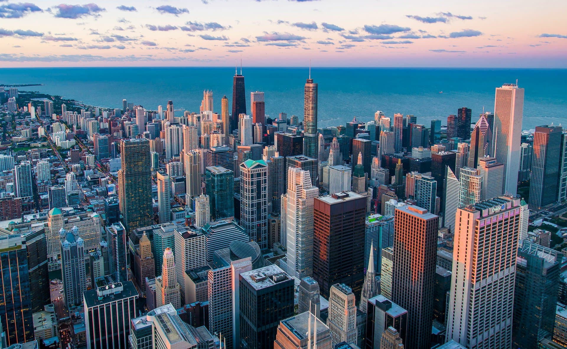 The view of Chicago from the observation deck of the Sears Tower in downtown Chicago