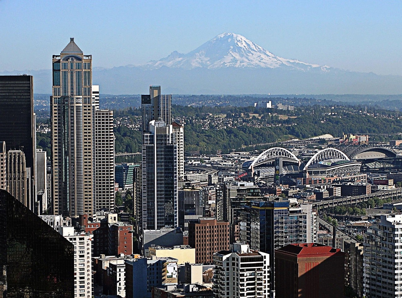 Downtown Seattle towers with the magnificent Mount Rainier backdrop