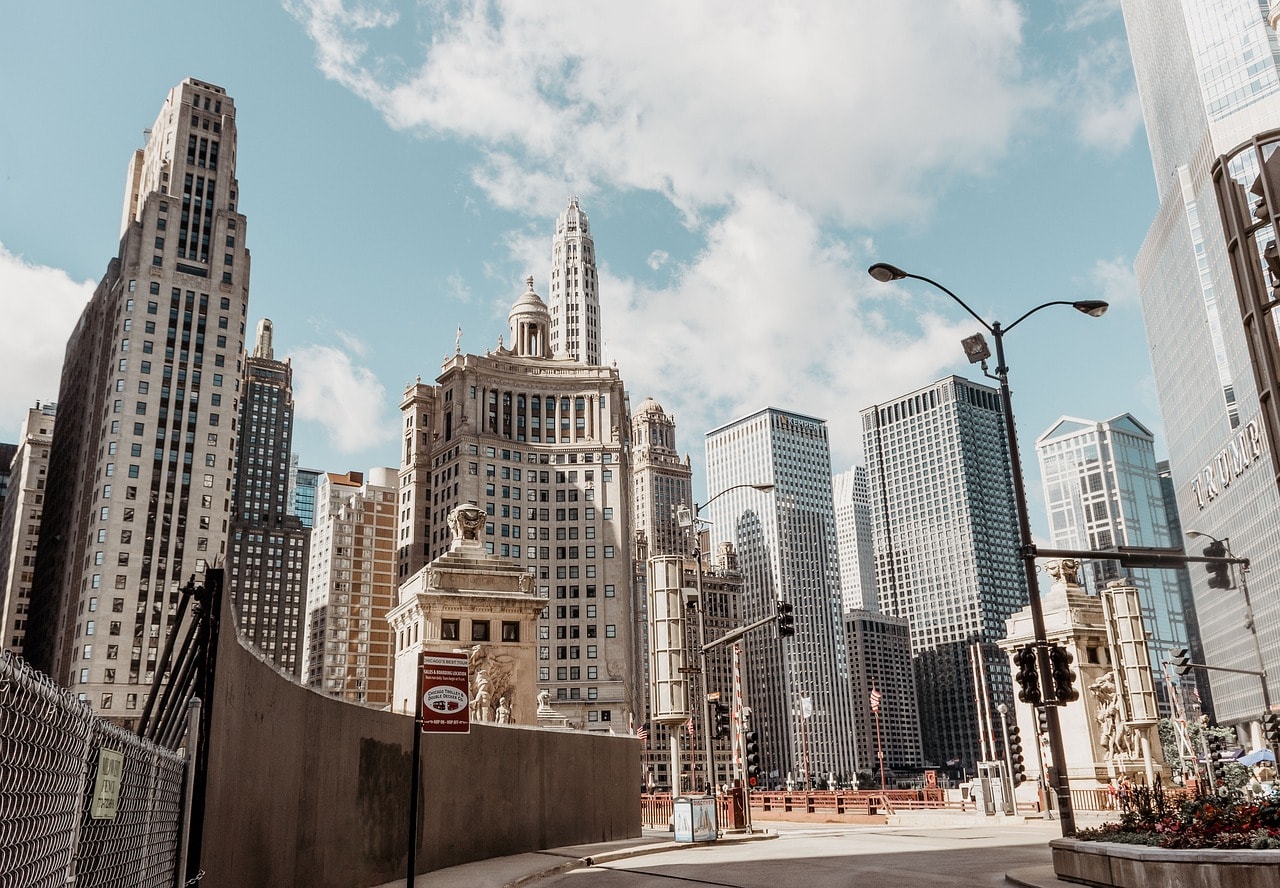 The Wrigley Building and the DuSable Bridge ramp at the end of the Magnificent Mile in Chicago