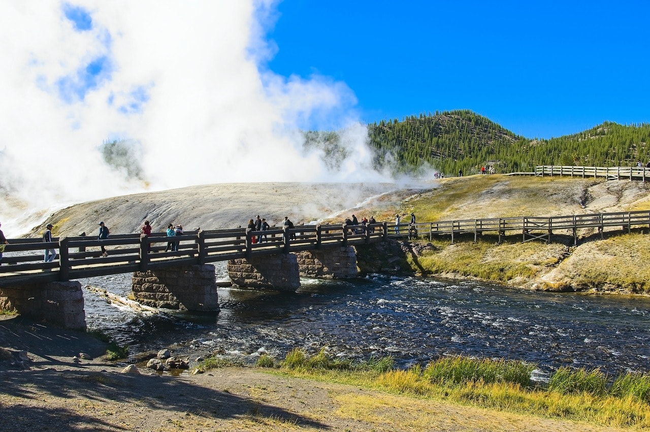 The bridge over the Firehole River near Old Faithful in Yellowstone