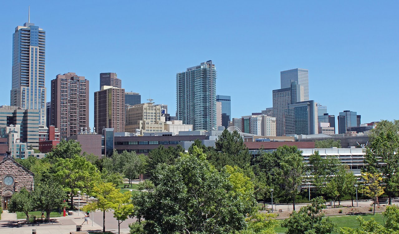 The skyline of Downtown Denver from Civic Center Park
