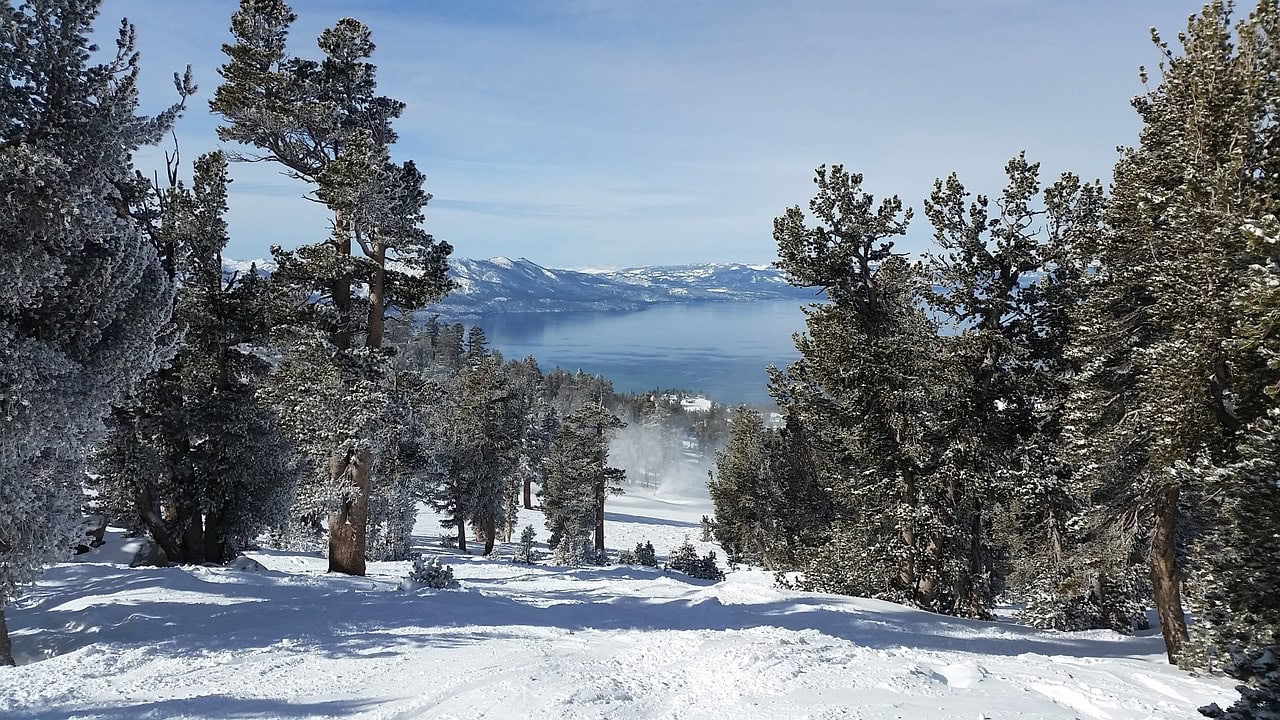 Skiing above Lake Tahoe